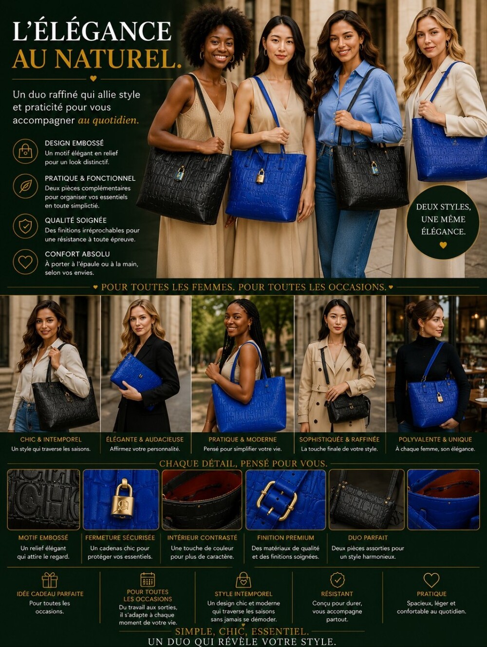 CHIC embossed leather tote bag - Black & Blue two-piece set